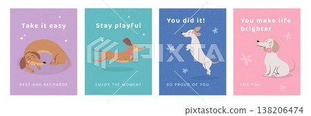Set of adorable dachshund posters with uplifting quotes in minimal pastel colors. Hand drawn whimsical design with soft grain texture, perfect for posters, cards, nursery decor and branding. 138206474