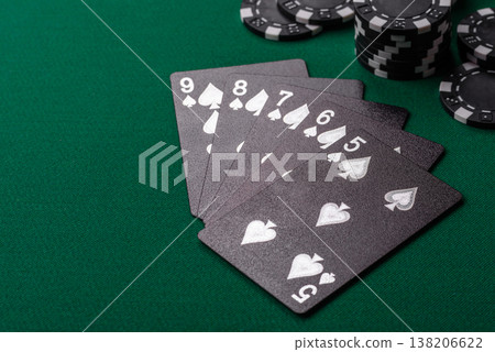 Playing cards and chips on a green cloth, a gambling game of poker. Cards and chips Playing cards and chips on a green cloth, a gambling game of poker. Cards and chips 138206622