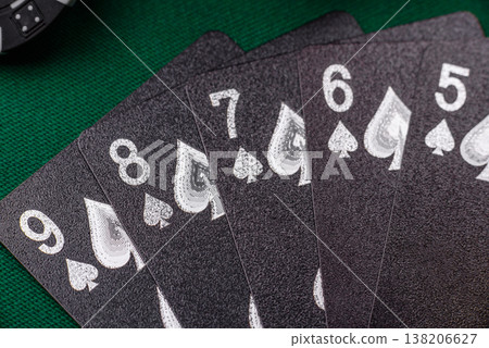 Playing cards and chips on a green cloth, a gambling game of poker. Cards and chips 138206627