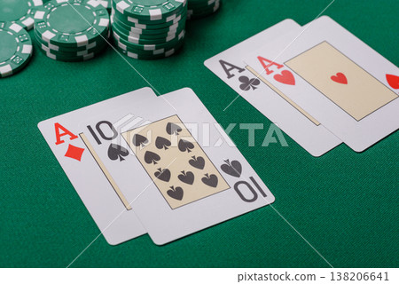 Playing cards and chips on a green cloth, a gambling game of blackjack or baccarat. Cards and chips Playing cards and chips on a green cloth, a gambling game of blackjack or baccarat. Cards and chips 138206641