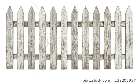 A tranquil garden scene with a row of simple wooden picket fences. 138206937