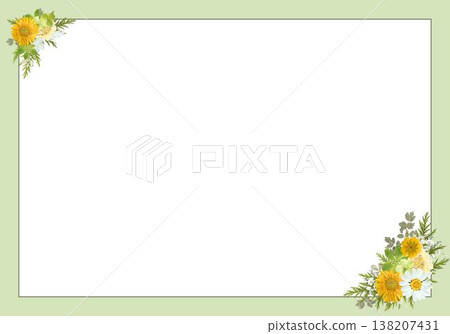 黃色花卉邊框素材,簡約花卉邊框,綠色背景,留有文字空間,適用於卡片和邀請函,A4橫向。 黃色花卉邊框素材,簡約花卉邊框,綠色背景,留有文字空間,適用於卡片和邀請函,A4橫向。 138207431