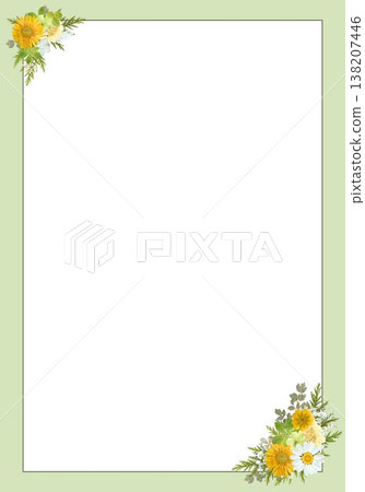 Yellow flower frame material, simple floral border, green background, with copy space, suitable for flyers and posters, A4 size. 138207446