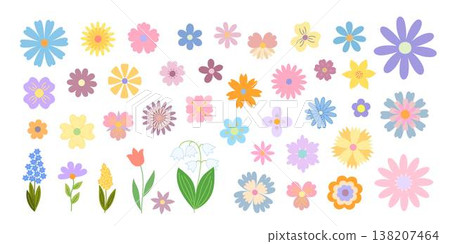 Flowers, leaves set, hand drawn flat style vector illustration, symbol of spring, cozy home, spring Easter holidays celebration decor, clipart for cards, banner, springtime decoration Flowers, leaves set, hand drawn flat style vector illustration, symbol of spring, cozy home, spring Easter holidays celebration decor, clipart for cards, banner, springtime decoration 138207464