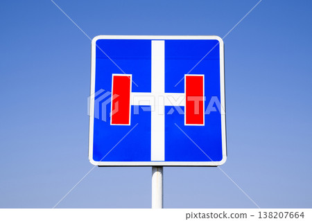 Road sign dead-end. The road with a dead end. Road sign dead-end. The road with a dead end. 138207664