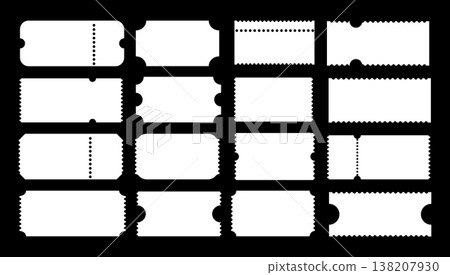 Admit one tickets mockups. Ticket pattern for cinema, circus, theater, festival, casino, club. Empty templates. Blanks white backgrounds layout. Boarding blanks, lottery, sale coupons. Admit one tickets mockups. Ticket pattern for cinema, circus, theater, festival, casino, club. Empty templates. Blanks white backgrounds layout. Boarding blanks, lottery, sale coupons. 138207930