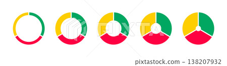 Donut charts, pies segmented on 3 equal parts. Diagrams infographic multicoloured. Wheels divided in three sections. Pie, pizza chart round icons layout set. Circle section graph. Loading bar mockup. 138207932