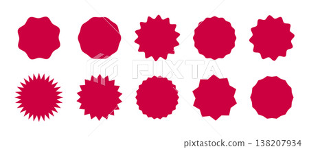 Wavy edge promo red badges. Circle stickers. Star burst shape tags for price. Blank sale sticker. Set of vintage labels. Simple silhouette. Graphic illustration. Wavy edge promo red badges. Circle stickers. Star burst shape tags for price. Blank sale sticker. Set of vintage labels. Simple silhouette. Graphic illustration. 138207934