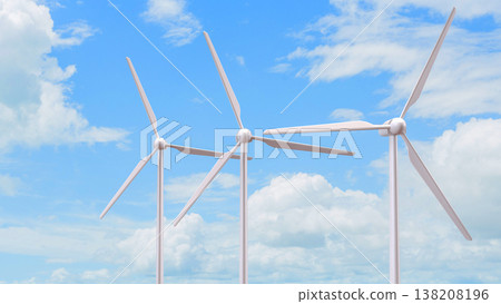 Wind Turbines Blue Sky Renewable Energy Concept 3d render. Wind Turbines Blue Sky Renewable Energy Concept 3d render. 138208196