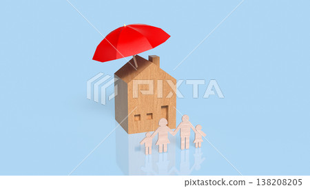 Home And Family Protection Concept With Red Umbrella 3d render. Home And Family Protection Concept With Red Umbrella 3d render. 138208205