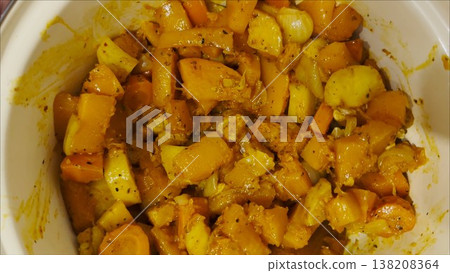 Top view on female hand stirs with spatula stew in pot on stove at kitchen. The mixture of meat and vegetables cooks evenly releasing rich aroma. Focus on appetizing appearance of hearty homemade dish Top view on female hand stirs with spatula stew in pot on stove at kitchen. The mixture of meat and vegetables cooks evenly releasing rich aroma. Focus on appetizing appearance of hearty homemade dish 138208364