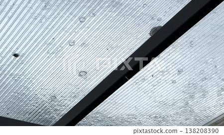 Heavy rain drumming on the transparent plexiglass roof. Beautiful rainy scene on summer day. Concept of tranquility nature scene. Close up Slow motion Heavy rain drumming on the transparent plexiglass roof. Beautiful rainy scene on summer day. Concept of tranquility nature scene. Close up Slow motion 138208390