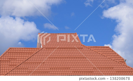 The roof of corrugated sheet red orange 138208678