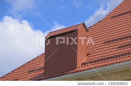 The roof of corrugated sheet red orange 138208681
