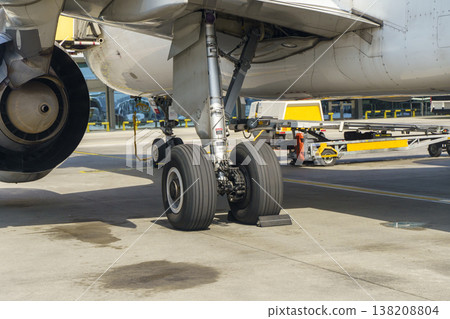 Main landing gear and fuselage section of a commercial passenger aircraft at an airport. Ground handling crew perform technical check on the multi-wheel gear before departure. 138208804