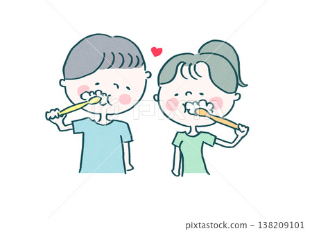 An illustration of a couple brushing their teeth side by side. An illustration of a couple brushing their teeth side by side. 138209101