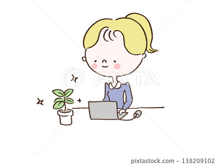 一幅插圖，描繪了一位女性在工作休息時間透過觀賞室內植物獲得慰藉的情景。 138209102