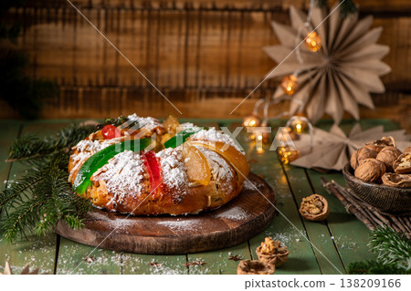 Festive holiday bread topped with candied fruits Festive holiday bread topped with candied fruits 138209166