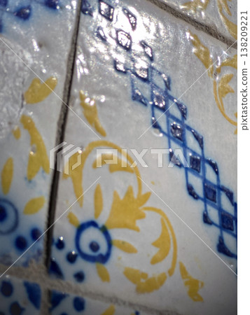 A close-up reveals glossy Portuguese azulejo tiles in Ovar 138209221