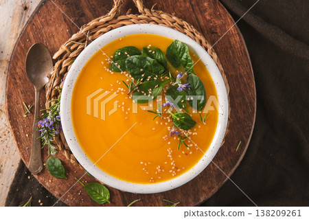 Healthy Roasted Butternut Squash Soup with Spinach and Sesame Seeds 138209261
