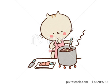 An illustration of a cat simmering delicious-looking vegetable soup in the kitchen (healthy eating habits). An illustration of a cat simmering delicious-looking vegetable soup in the kitchen (healthy eating habits). 138209285