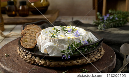 Baked Camembert Cheese with Toasted Bread and Rosemary Garnish Baked Camembert Cheese with Toasted Bread and Rosemary Garnish 138209303