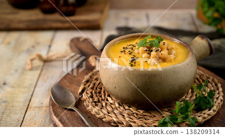 Creamy Chickpea Soup with Black Sesame Seeds and Fresh Parsley in a Rustic Ceramic Bowl Creamy Chickpea Soup with Black Sesame Seeds and Fresh Parsley in a Rustic Ceramic Bowl 138209314