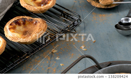 Freshly Baked Pastel de Nata Custard Tarts on a Cooling Rack Freshly Baked Pastel de Nata Custard Tarts on a Cooling Rack 138209424