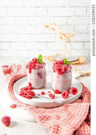 Homemade raspberry chia seed pudding Homemade raspberry chia seed pudding 138209435