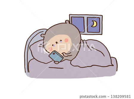 An illustration of a bear suffering from sleep deprivation due to constantly looking at its smartphone in a dark room (smartphone addiction, insomnia). 138209581