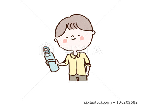 An illustration of a man standing with a smile, holding a reusable water bottle (Sustainable Eco) An illustration of a man standing with a smile, holding a reusable water bottle (Sustainable Eco) 138209582