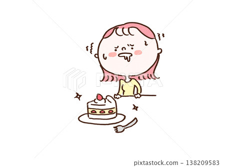 An illustration of a woman desperately trying to resist eating a delicious-looking cake in front of her (diet/low-carb). An illustration of a woman desperately trying to resist eating a delicious-looking cake in front of her (diet/low-carb). 138209583