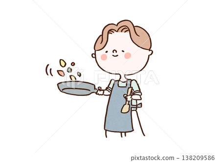 一幅插圖，描繪了一名男子穿著圍裙，在煎鍋裡翻炒食物（家務/烹飪）。 138209586
