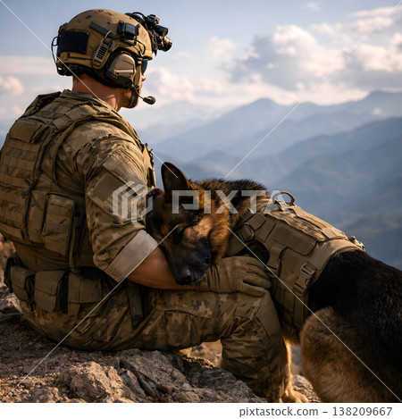 A soldier and his loyal service dog resting on a mountain peak 138209667