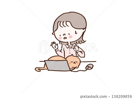 An illustration of a cat sleeping on a computer keyboard and a bewildered woman (Cat harassment, remote work) An illustration of a cat sleeping on a computer keyboard and a bewildered woman (Cat harassment, remote work) 138209859