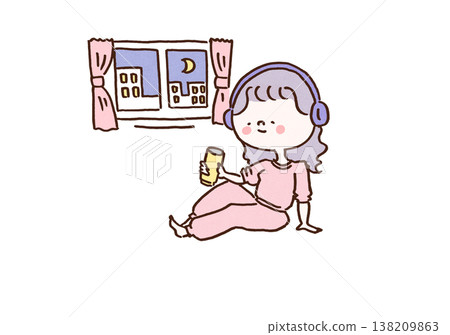 一幅插圖描繪了一位女士在夜晚的房間裡放鬆,喝著罐裝酒,聽著音樂(休閒時光,晚間小酌)。 一幅插圖描繪了一位女士在夜晚的房間裡放鬆,喝著罐裝酒,聽著音樂(休閒時光,晚間小酌)。 138209863