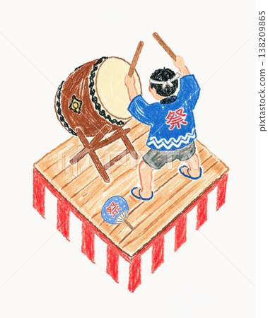 從上方俯視的插圖,描繪了一名男子在櫓(日本傳統節慶舞蹈)上擊鼓的情景。 從上方俯視的插圖,描繪了一名男子在櫓(日本傳統節慶舞蹈)上擊鼓的情景。 138209865