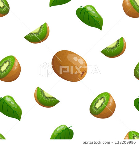 Vector seamless pattern featuring whole and sliced kiwi fruit Vector seamless pattern featuring whole and sliced kiwi fruit 138209990