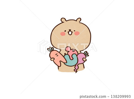 An illustration of a bear happily holding oddly shaped, non-standard vegetables (Food waste, SDGs) 138209993