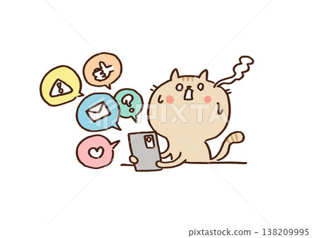 一幅貓咪驚慌失措的插圖，它被鋪天蓋地的智慧型手機通知和訊息淹沒（資訊過載/社交媒體疲勞）。 138209995