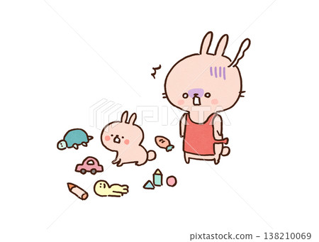 一幅插圖描繪了一隻兔媽媽對小兔子在孩子房間裡留下的凌亂景象感到震驚（代表著育兒的疲憊和需要打掃衛生）。 138210069