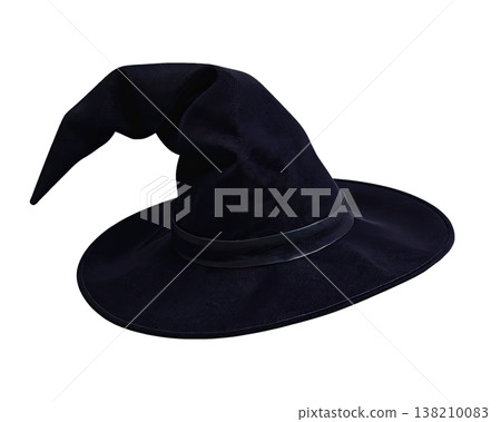 Classic pointed black witch hat with curved tip and wide brim isolated on transparent background Classic pointed black witch hat with curved tip and wide brim isolated on transparent background 138210083