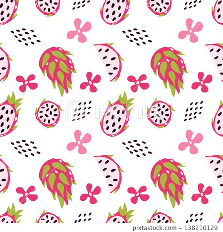 Vector pattern of dragon fruit on a light background. Exotic fruit, Pitahaya, fabric, pattern 138210129