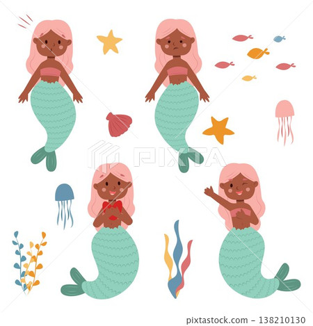 Vector illustration of a cartoon mermaid. Mermaid, siren, fairy tale, emotions, fantasy, dream, sea world, set 138210130