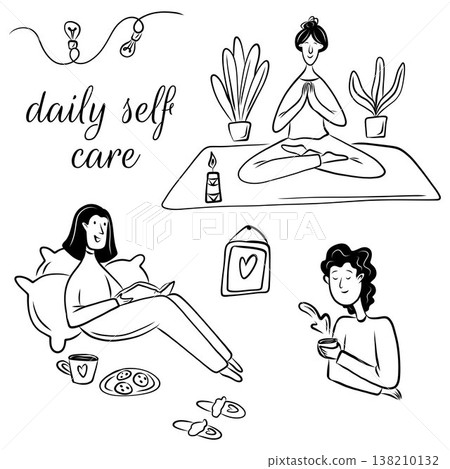 Vector illustration of girls taking care of their mental health in doodle style. Self-care, Harmony Vector illustration of girls taking care of their mental health in doodle style. Self-care, Harmony 138210132