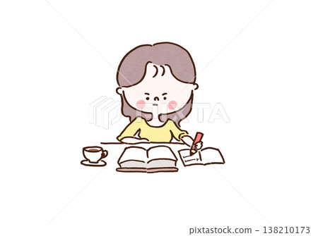 插圖描繪了一位女士在咖啡館裡認真學習,她攤開著筆記本和教科書(自我提升/資格認證)。 插圖描繪了一位女士在咖啡館裡認真學習,她攤開著筆記本和教科書(自我提升/資格認證)。 138210173
