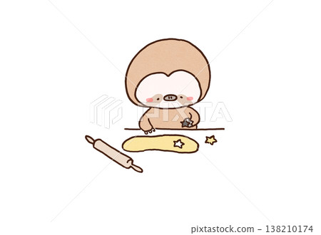An illustration of a sloth happily cutting out star-shaped cookies from dough (baking, staying at home) An illustration of a sloth happily cutting out star-shaped cookies from dough (baking, staying at home) 138210174