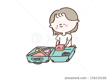 一位女士興奮地收拾行李準備旅行的插圖（旅行準備，度假）。 138210180