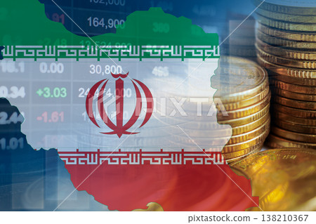 Iran flag with stock market finance, economy trend graph digital technology. Iran flag with stock market finance, economy trend graph digital technology. 138210367