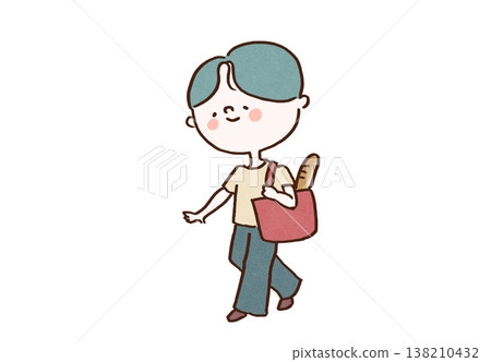 An illustration of a man walking home from shopping, carrying a tote bag containing a baguette (Lifestyle, Holiday, Daily Life) 138210432